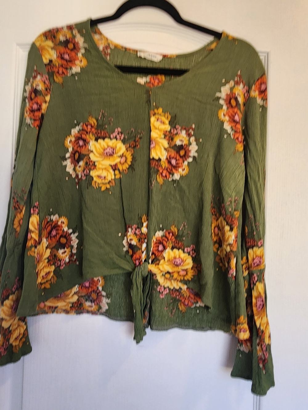 Promesa Olive Green Floral Tie-Front Blouse L Euc